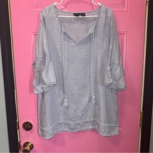 Tahari Light Blue 100% Linen Boxy Sailor Collar Tunic size 1X